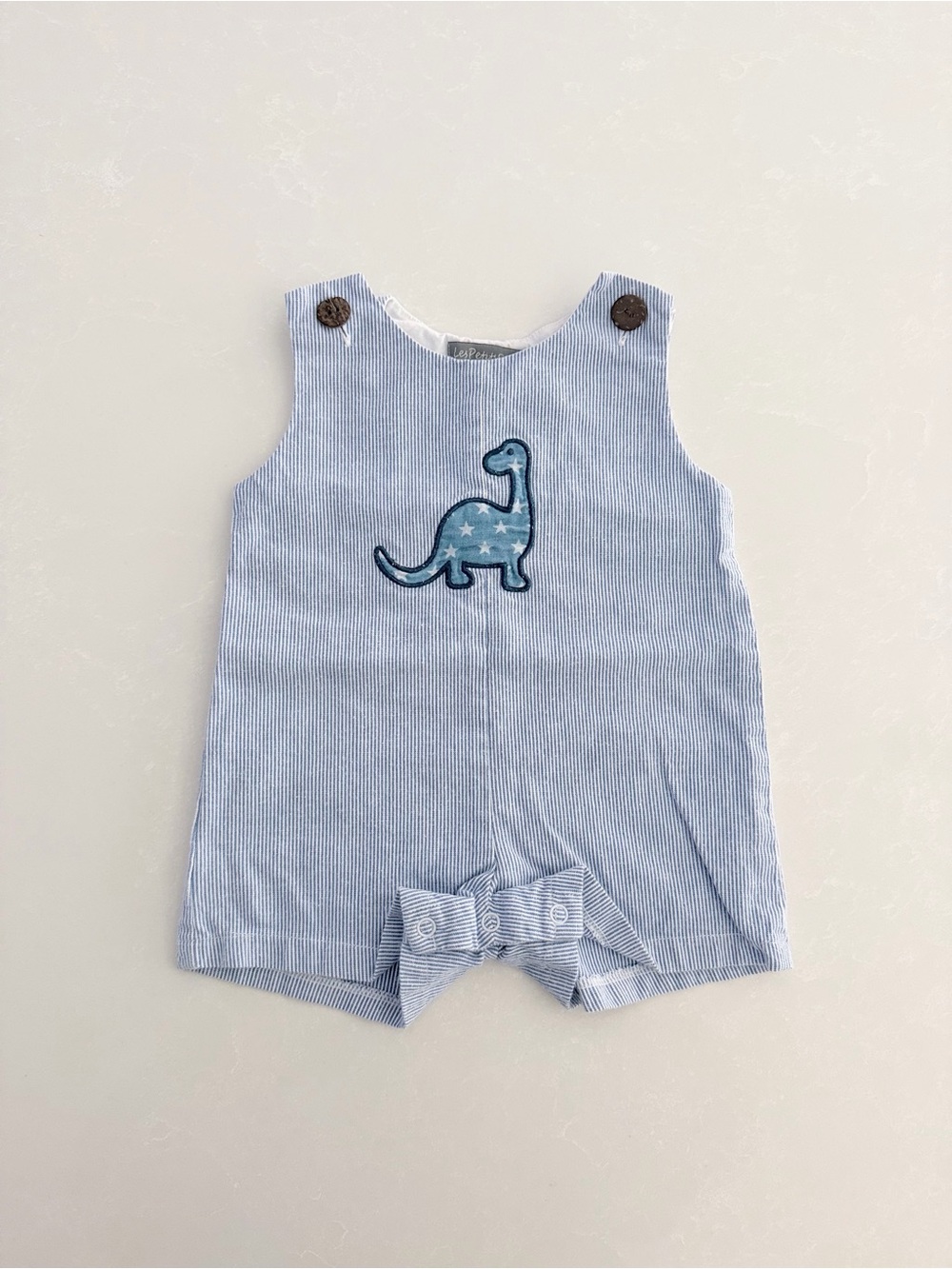 Les Petits Soleils Baby Seersucker Dino Jon Jon Romper • 9M